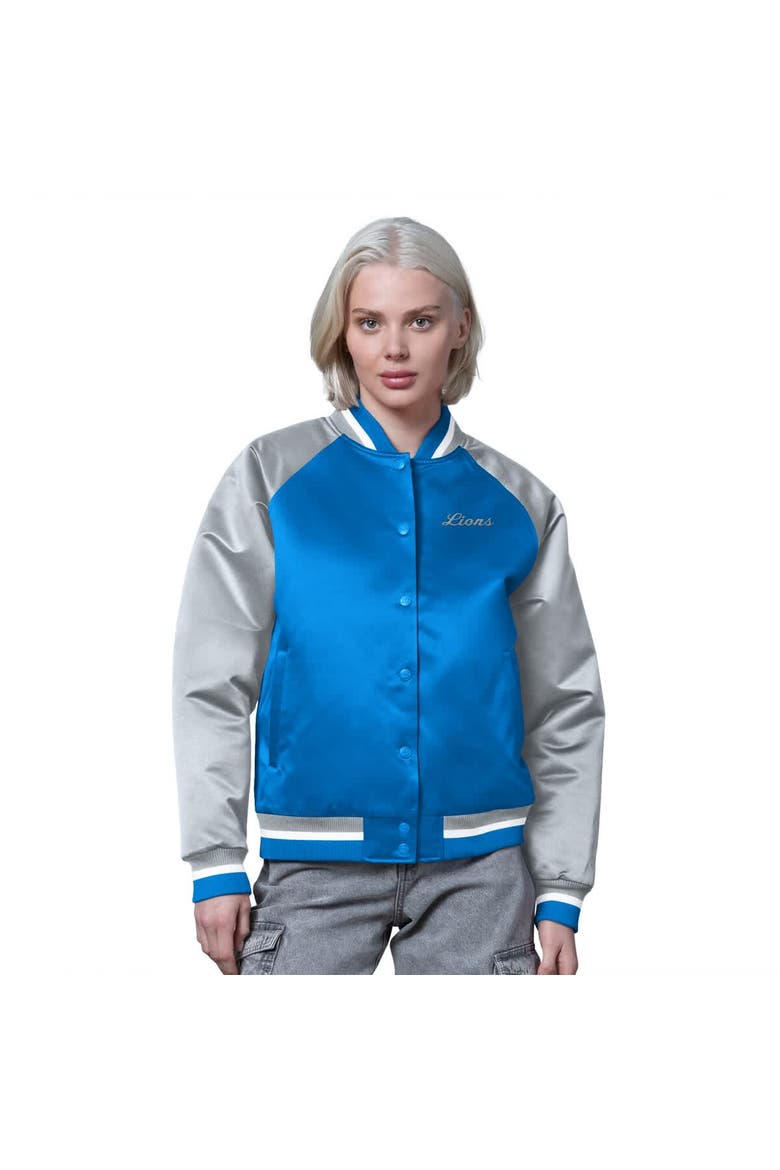 Women's Starter Blue/Silver Detroit Lions Satin Full-Snap Vintage Varsity Jacket, Main, color, Blue