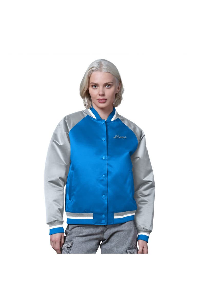 STARTER Women's Starter Blue/Silver Detroit Lions Satin Full-Snap Vintage Varsity Jacket, Main, color, Blue