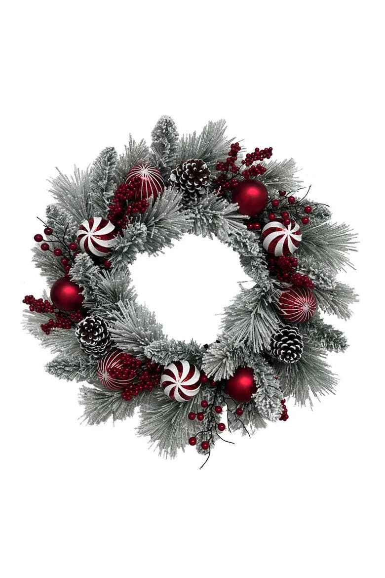 26" Flocked Pinecone, Berry & Ornament Pre-Lit Wreath, Main, color, Green
