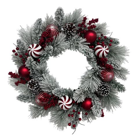 26" Flocked Pinecone, Berry & Ornament Pre-Lit Wreath