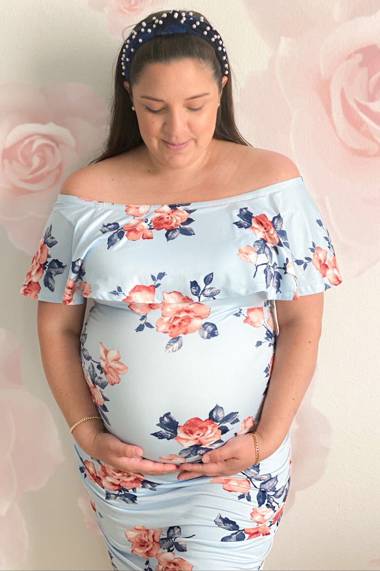 Rose Print Ruffle Fitted Maternity Dress, Alternate, color, Light Blue