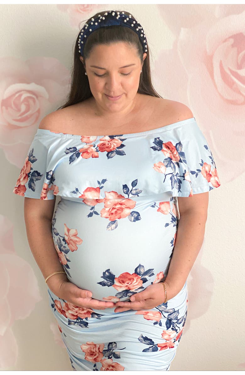 PinkBlush Rose Print Ruffle Fitted Maternity Dress, Alternate, color, 