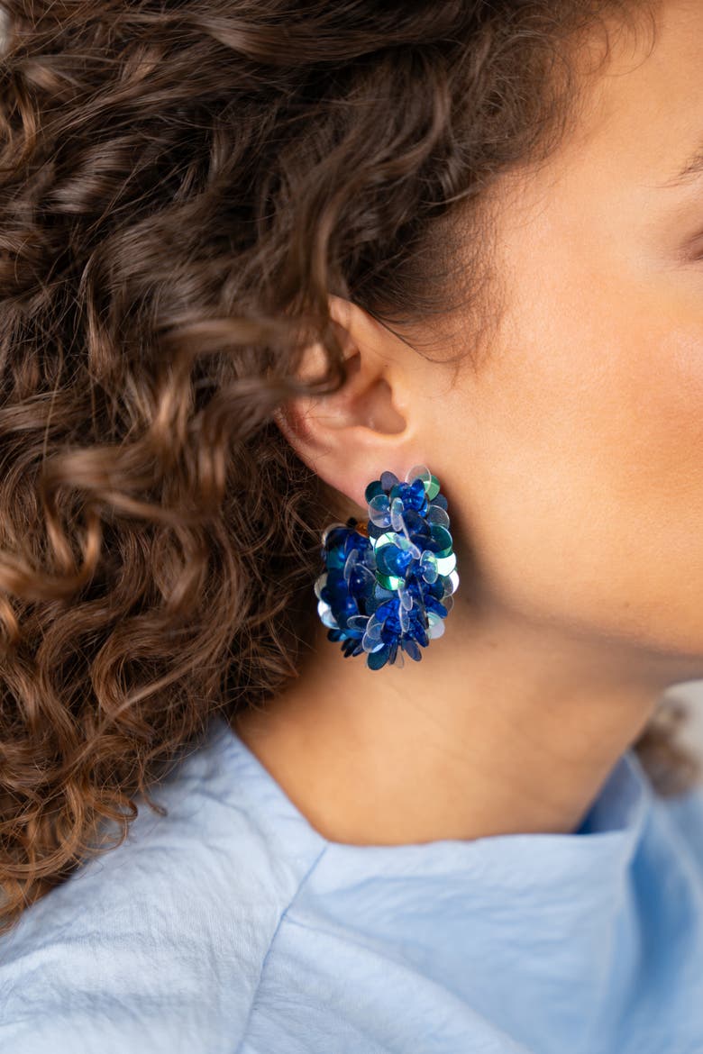 Sequin Oval Creole Statement Earrings in Ocean Mix, Alternate, color, Blue