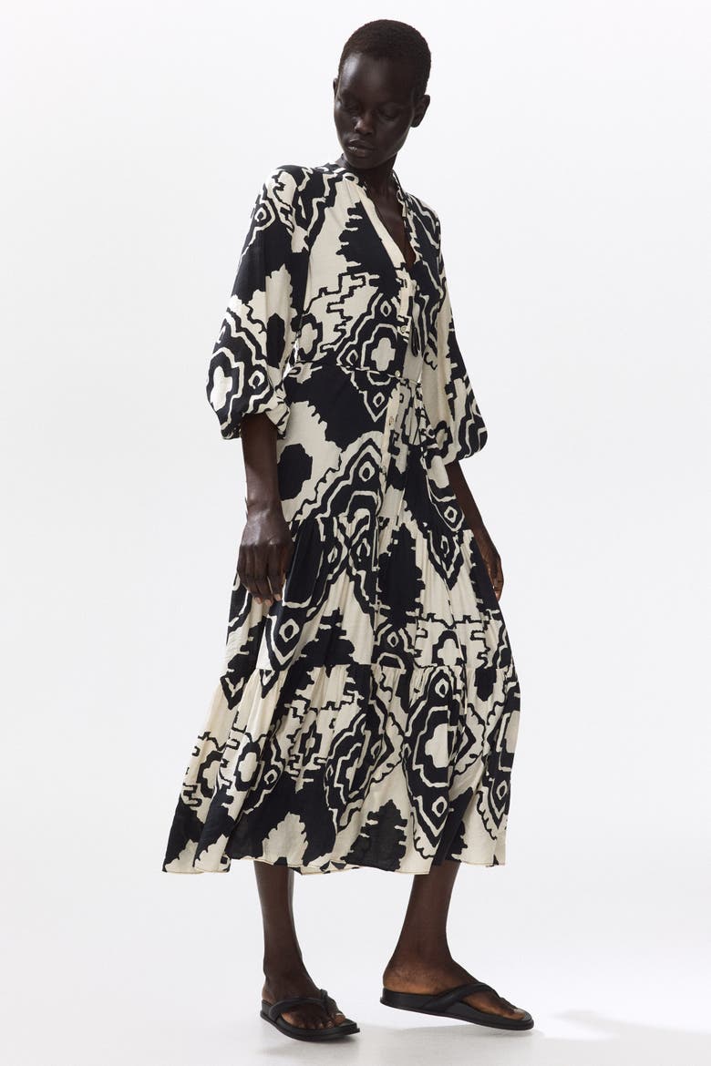 Printed Tiered Dress, Alternate, color, Black/patterned