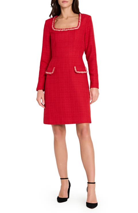 Faux Pearl & Rhinestone Detail Long Sleeve Tweed Dress