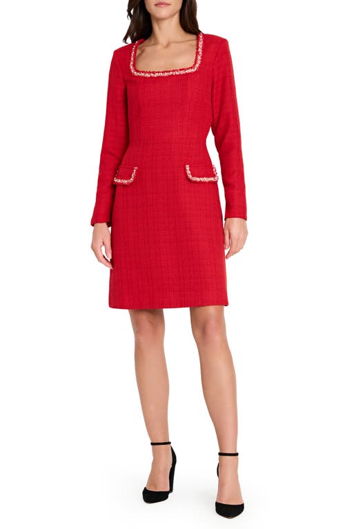 Tahari Asl Faux Pearl & Rhinestone Detail Long Sleeve Tweed Dress In Animal Print