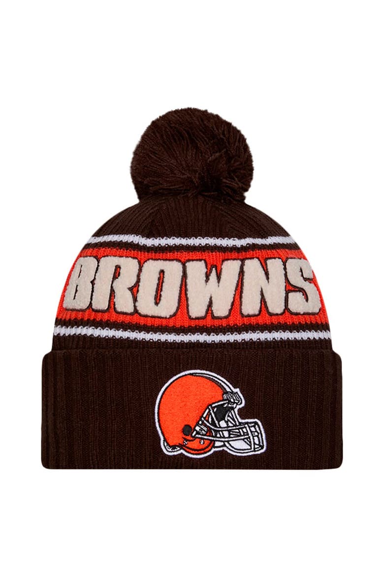 Men's New Era Brown Cleveland Browns 2024 Sideline Cuffed Knit Hat with Pom, Main, color, Brown