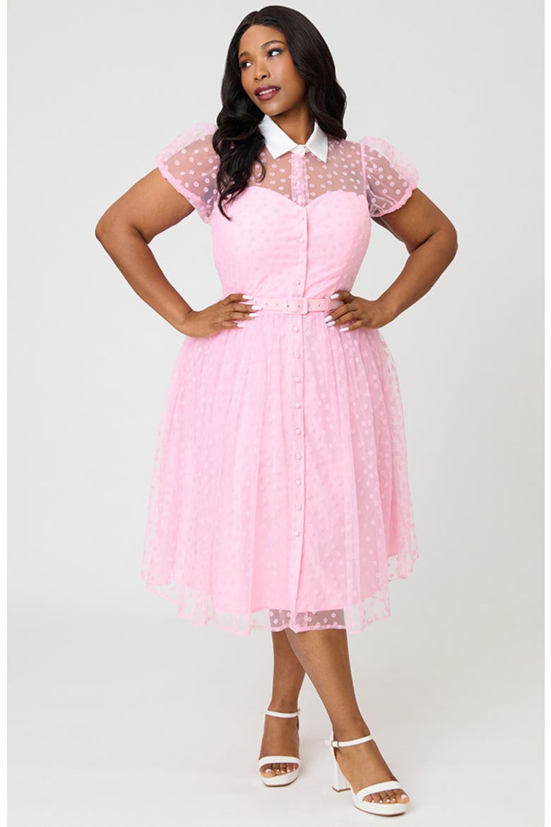 Plus Size 1950s Short Sleeve Collared Hollie Swing Dress, Main, color, Pink Daisy Print
