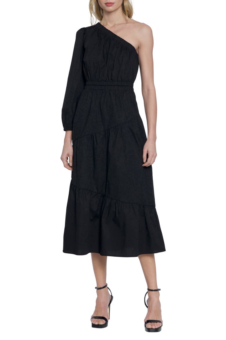 One-Shoulder Puff Sleeve Stretch Cotton Midi Dress, Main, color, BLACK