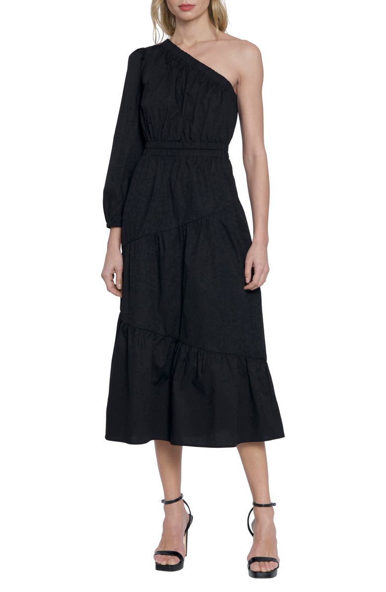 Donna Morgan One-Shoulder Puff Sleeve Stretch Cotton Midi Dress, Main, color, Black