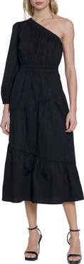 Donna Morgan One-Shoulder Puff Sleeve Stretch Cotton Midi Dress