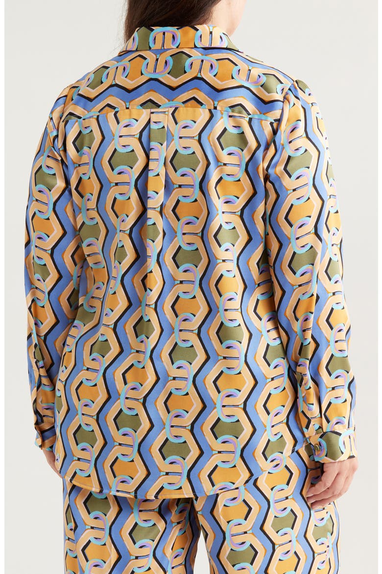 Geo Print Satin Button-Up Shirt, Alternate, color, BLUE CHAINS