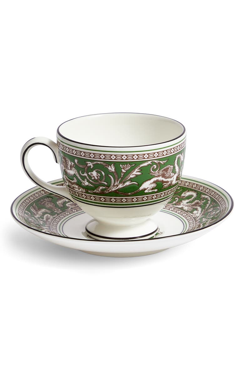 Wedgwood Florentine Bone China Teacup & Saucer Set, Alternate, color, Verde