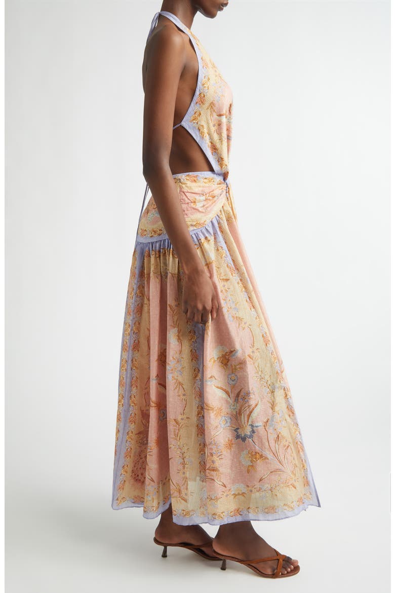 Indra Metallic Stripe Print Silk & Cotton Halter Maxi Dress, Alternate, color, PINK SCARF FLORAL