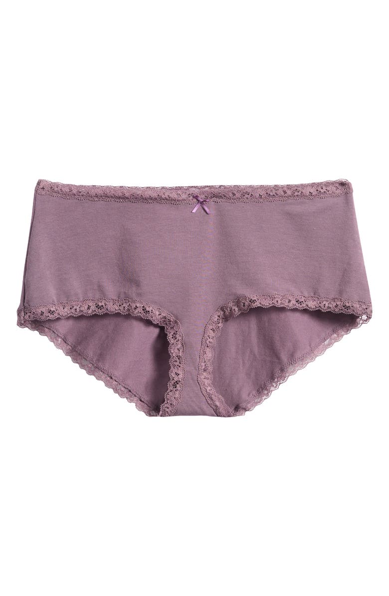 SKIMS Lace Trim Stretch Cotton Boyshorts, Main, color, Fig Tonal