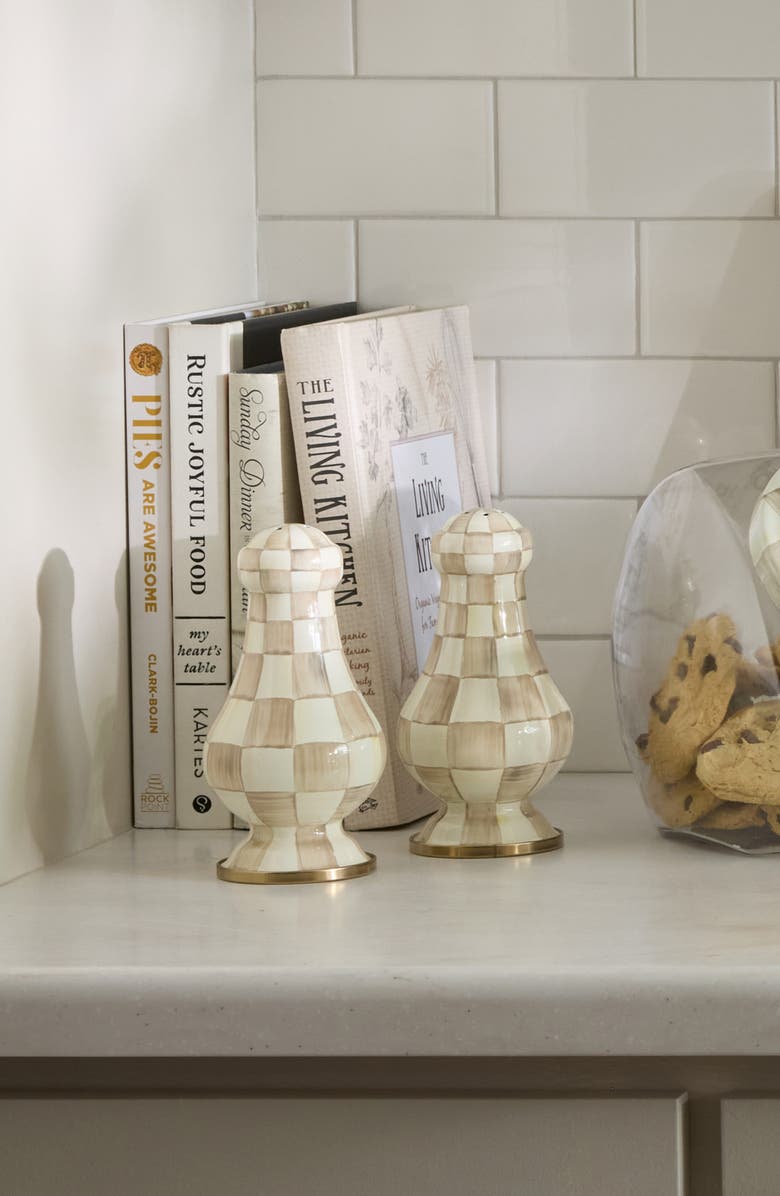 MACKENZIE CHILDS Mocha Check Enamel Large Salt & Pepper Shaker Set, Alternate, color, Mocha