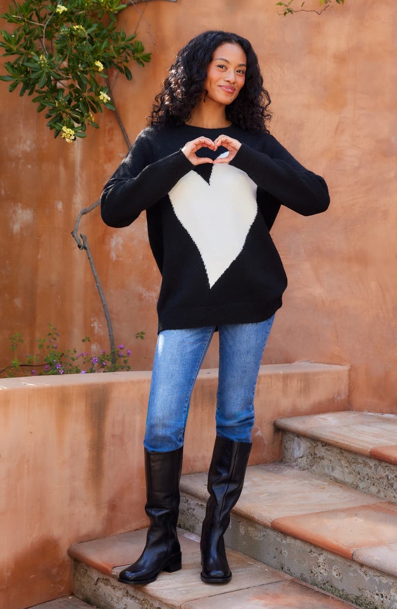 Karen Kane Heart Crewneck Sweater, Alternate, color, Black/ Cream