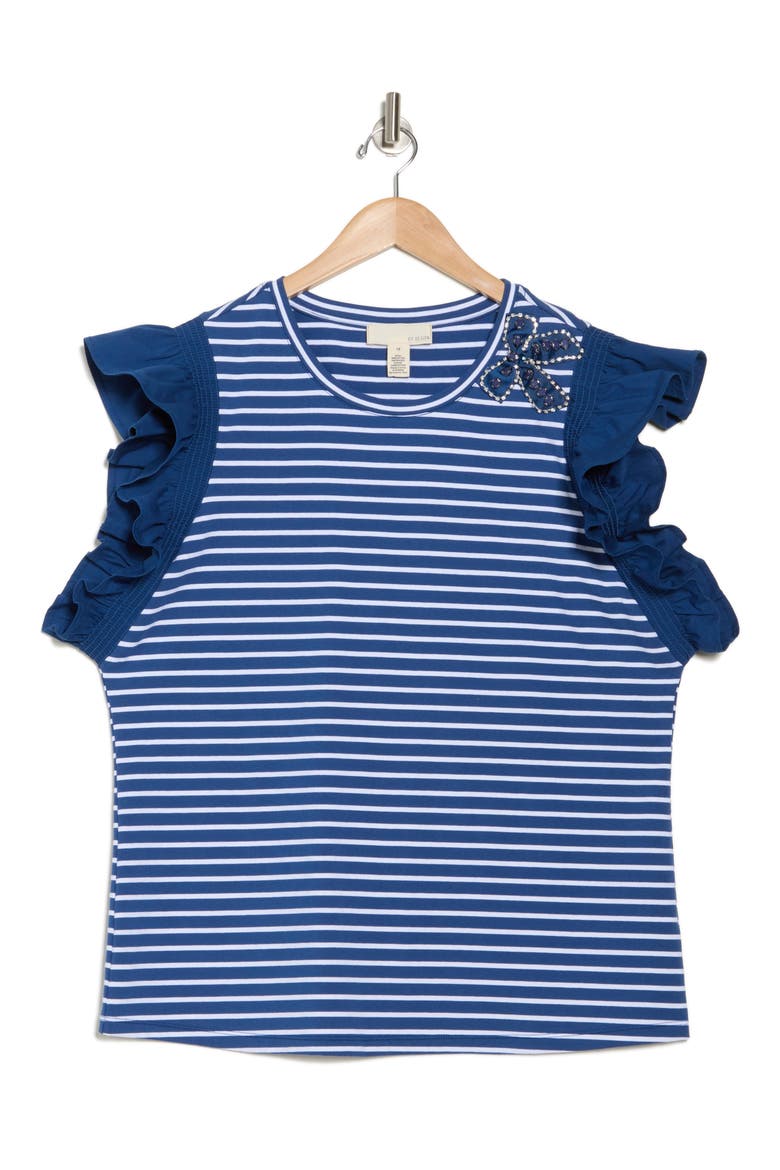 Geneva Stripe Poplin Ruffle Sleeve T-Shirt, Alternate, color, NAVY PEONY/ WHITE