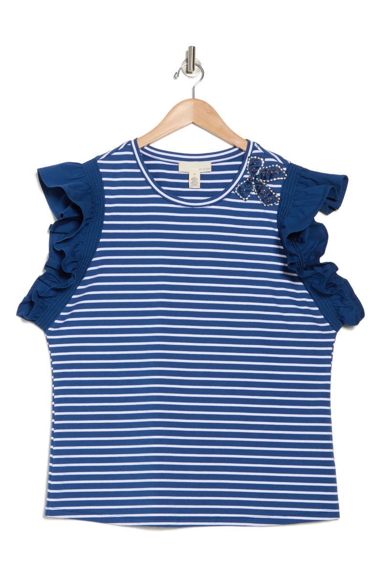 BY DESIGN Geneva Stripe Poplin Ruffle Sleeve T-Shirt, Alternate, color, Navy Peony/ White