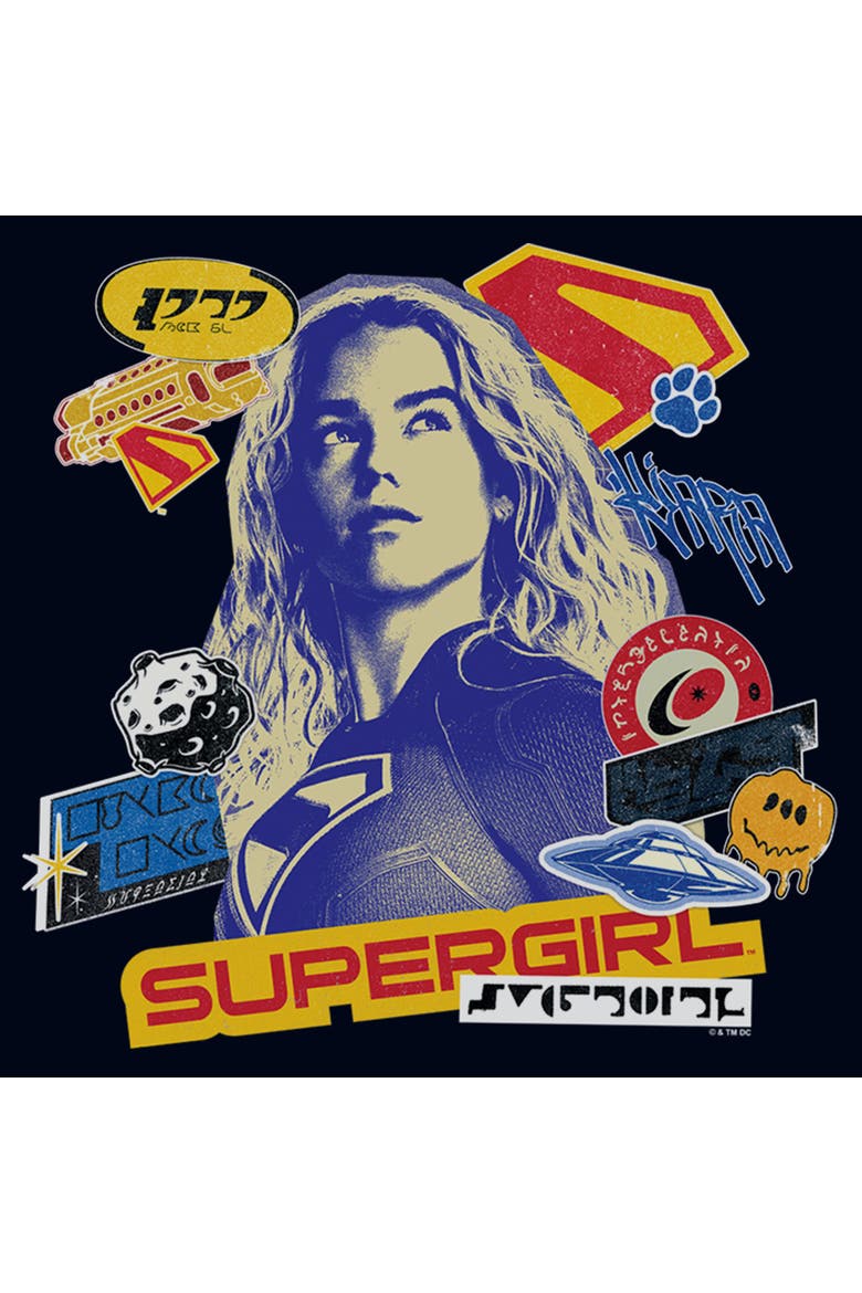 Girl's Supergirl Pop Art Stickers and Badges  Graphic T-Shirt, Alternate, color, Navy Blue