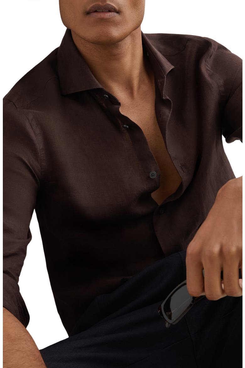 Ruban Solid Linen Button-Up Shirt, Alternate, color, CHOCOLATE BROWN