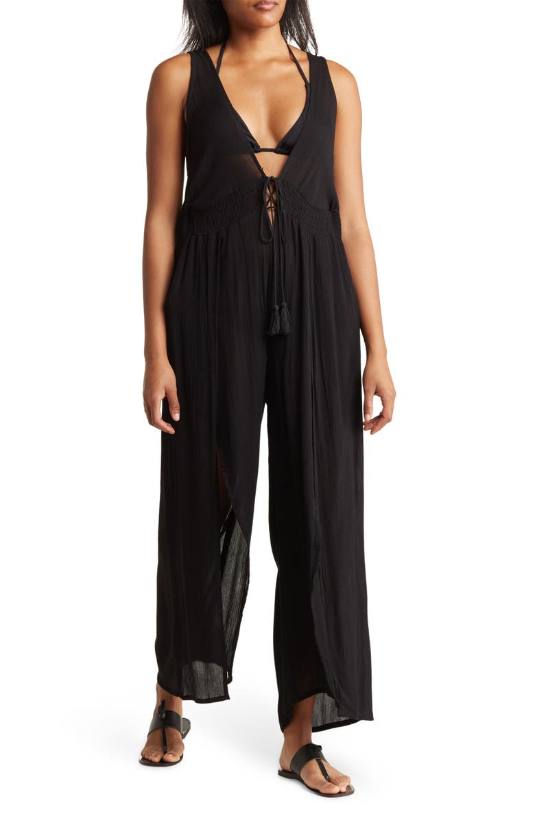 BOHO ME Ruffle Tie Neck Cover-Up Jumpsuit, Main, color,