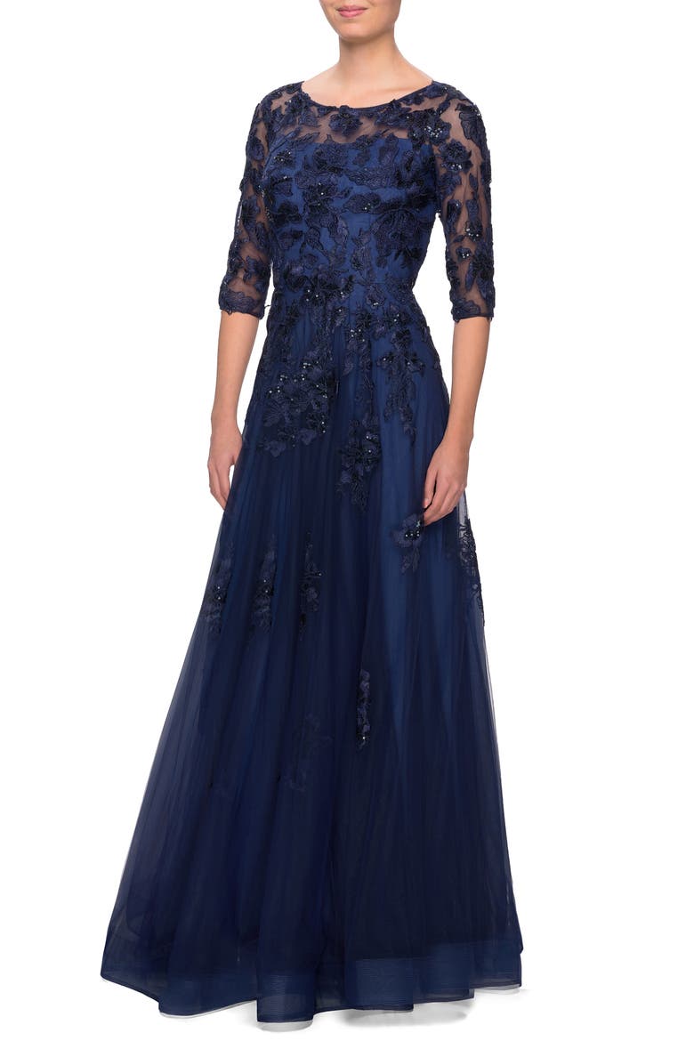 Embellished Lace A-Line Gown, Main, color, NAVY
