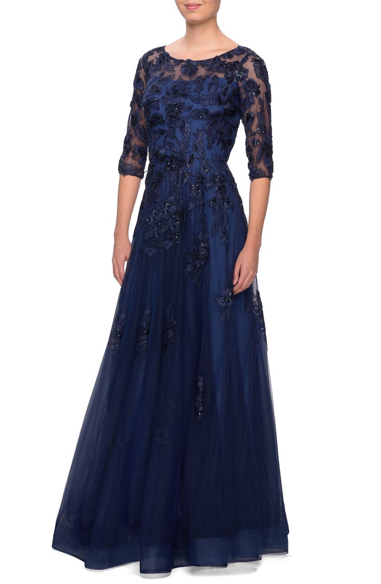 La Femme Embellished Lace A-Line Gown, Main, color,