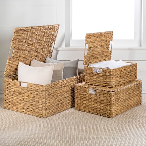Brooks Classic Farmhouse Woven Hyacinth Rectangular Storage Baskets with Lids and Handles, (Set of 3)