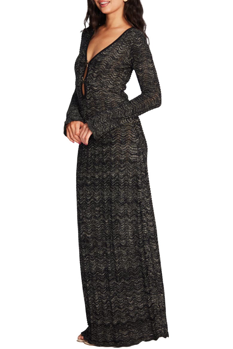 Ella Star Metallic Long Sleeve Cover-Up Maxi Dress, Alternate, color, BLACK