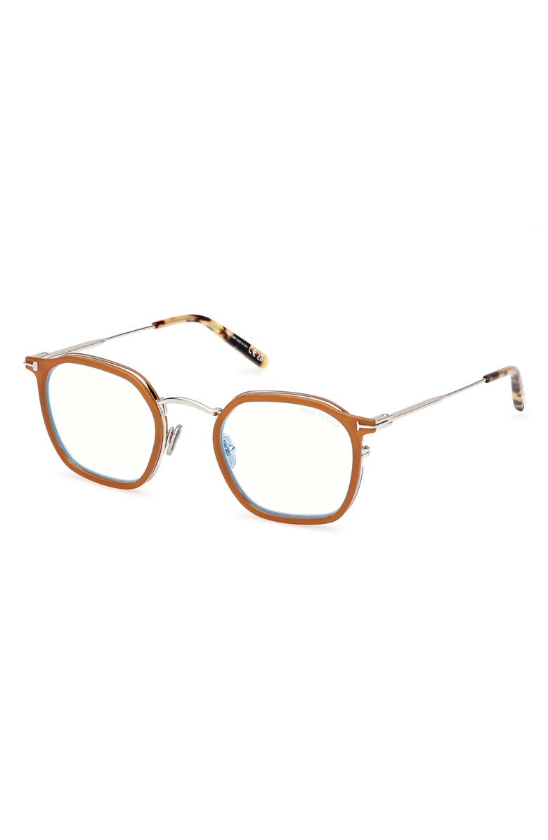 TOM FORD 50mm Round Blue Light Blocking Glasses, Alternate, color, Milky Amber / Palladium