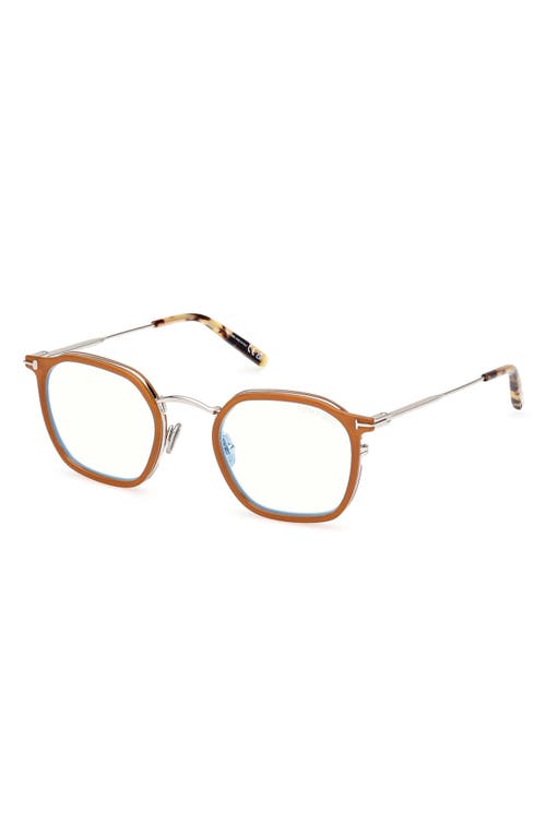 Tom Ford 50mm Round Blue Light Blocking Glasses In Milky Amber/palladium