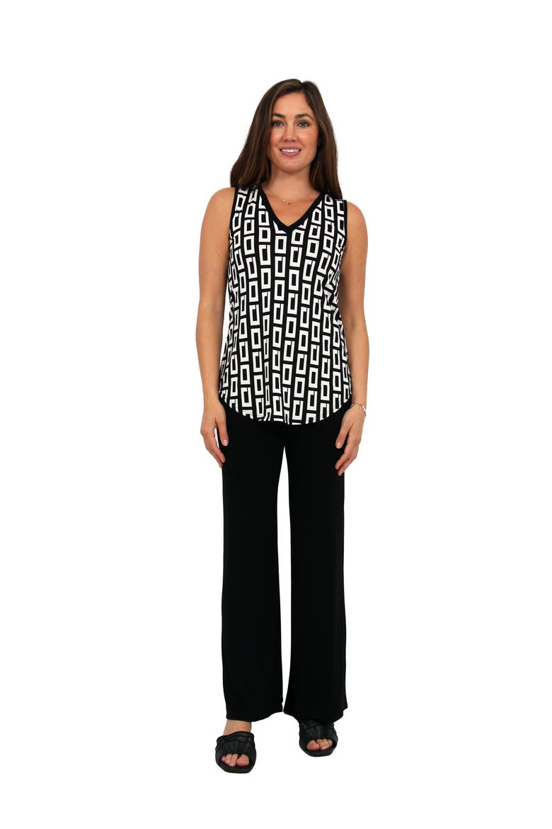 Womens Essential Geometric Print V-Neck Sleeveless Round Hem Top and Elastic Waist Flared Pant Set, Main, color, Black Multi