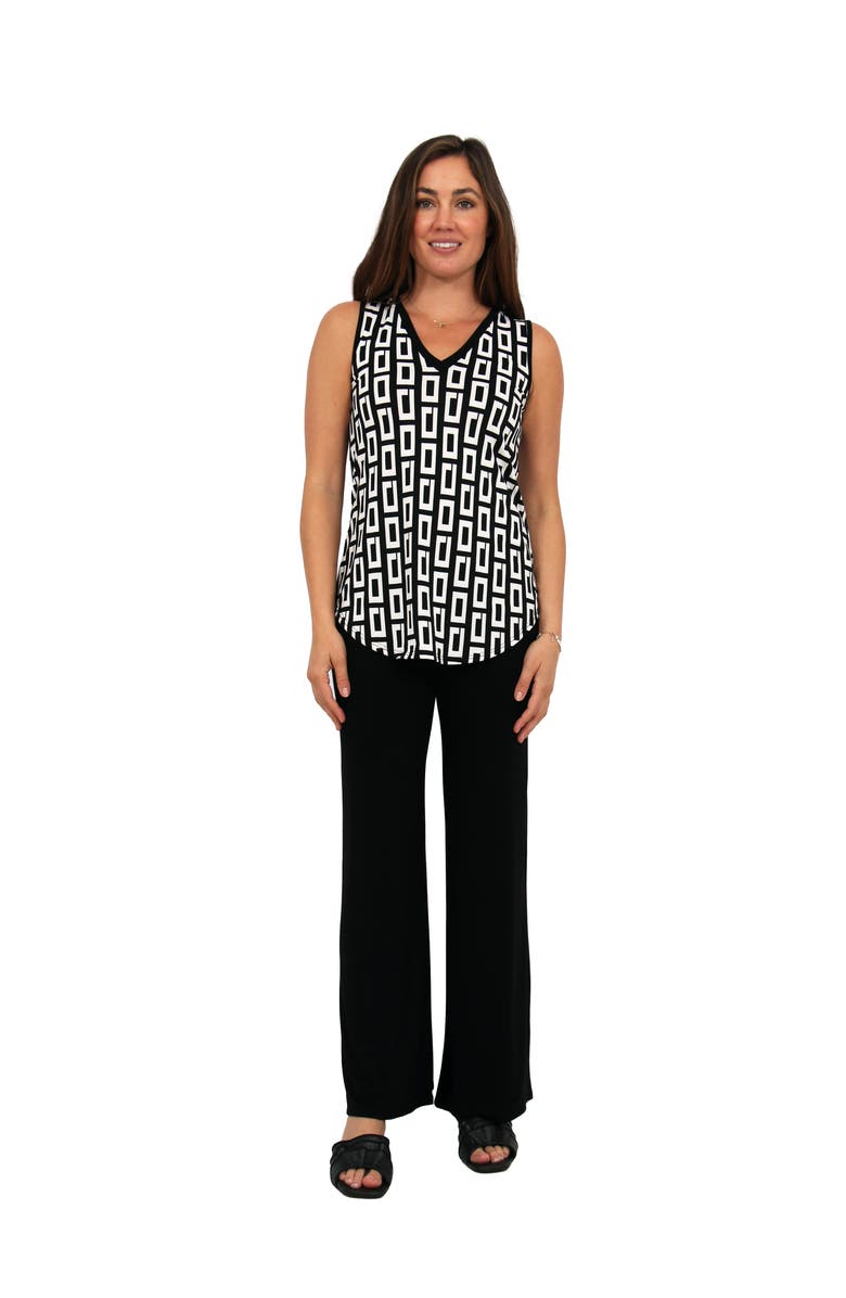 24seven Comfort Apparel Womens Essential Geometric Print V-Neck Sleeveless Round Hem Top and Elastic Waist Flared Pant Set, Main, color, Black Multi