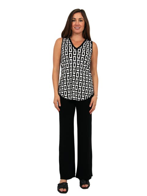 Womens Essential Geometric Print V-Neck Sleeveless Round Hem Top and Elastic Waist Flared Pant Set