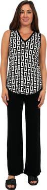 24seven Comfort Apparel Womens Essential Geometric Print V-Neck Sleeveless Round Hem Top and Elastic Waist Flared Pant Set