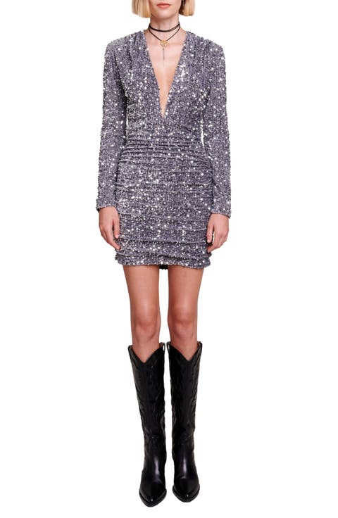 Sequin Plunge Long Sleeve Minidress