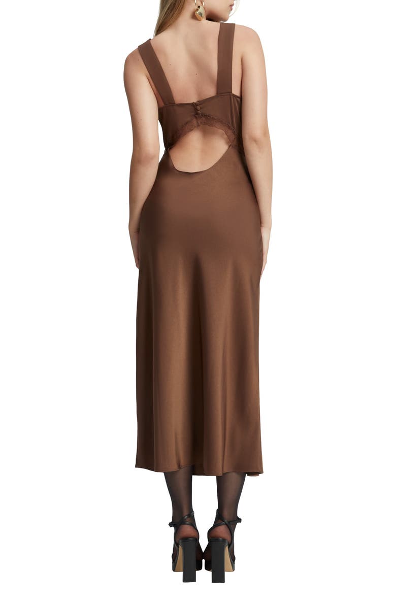Bardot Emory Lace Trim Cutout Satin Midi Slipdress, Alternate, color, Chocolate