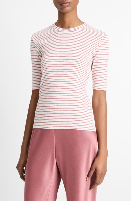 Shop Vince Stripe Elbow Sleeve Cotton Blend Knit Top In Peony Wood Combo