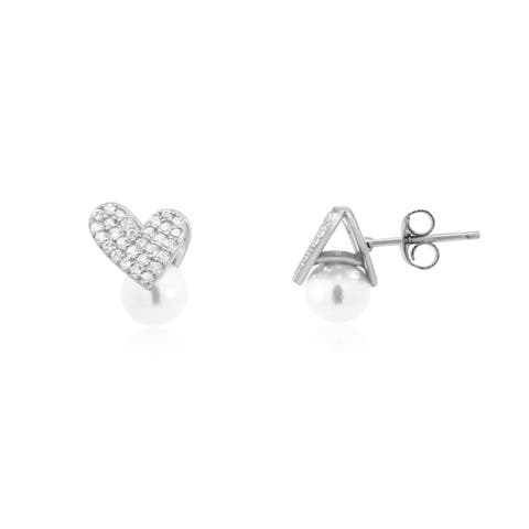 Pearl Heart CZ Stud Earrings