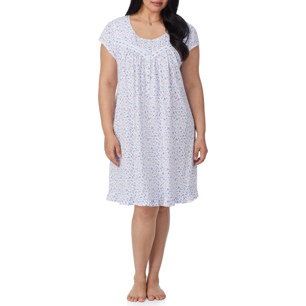 Eileen West Floral Cap Sleeve Cotton Jersey Short Nightgown In Blue