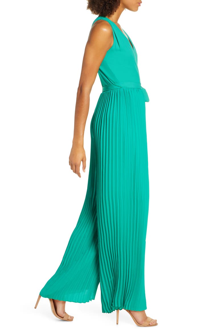 Pleated Faux Wrap Jumpsuit, Alternate, color, TEAL