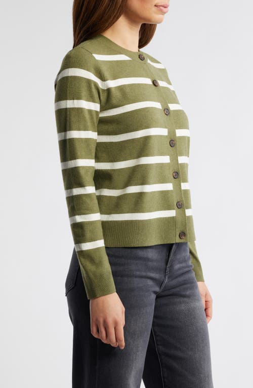 Caslon ® Classic Crewneck Cardigan In Olive- Ivory Renee Stripe