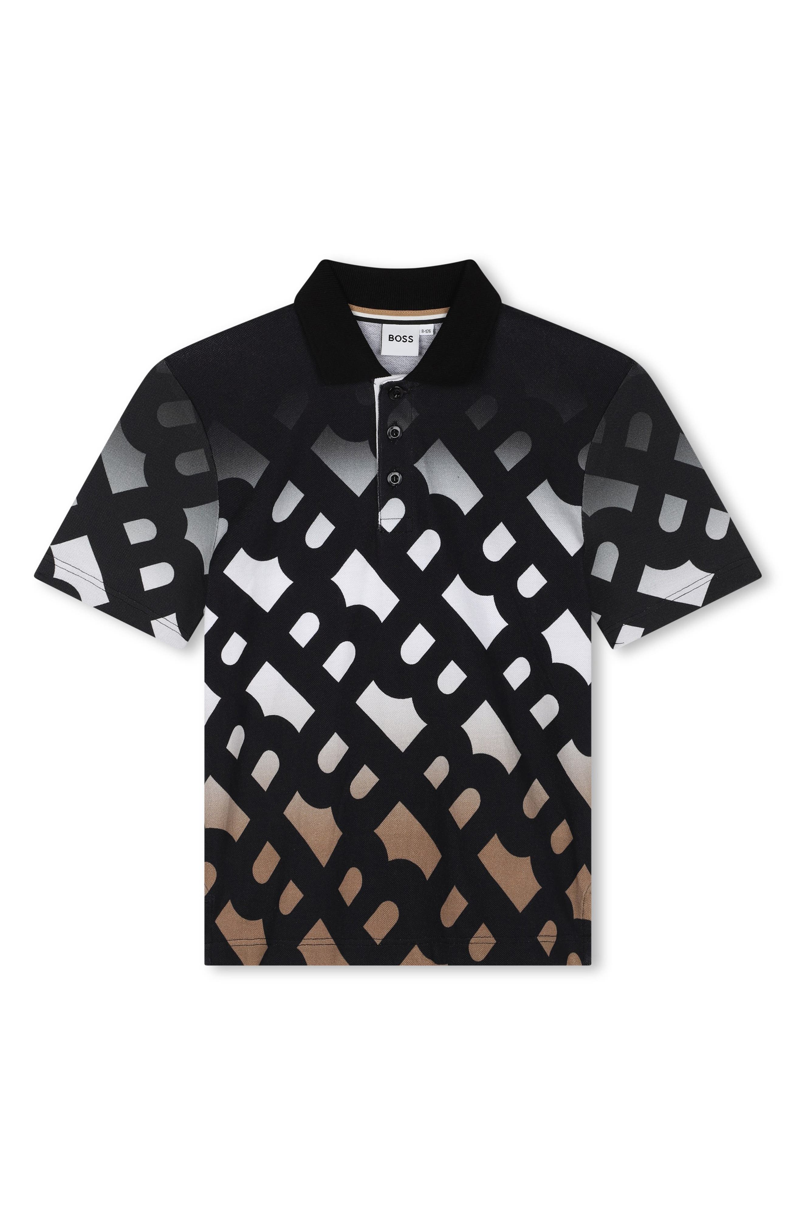 BOSS Kidswear Kids' Monogram Print Cotton Polo in Black 