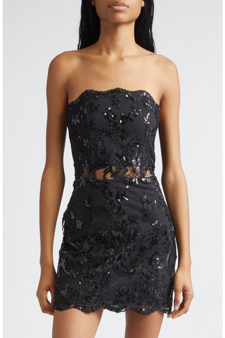 Georgie Sequin Lace Corset Strapless Minidress, Alternate, color, BLACK