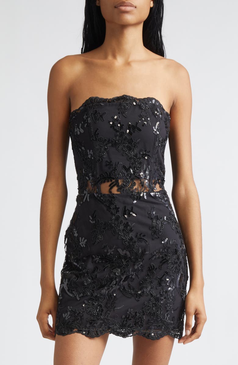 Alice + Olivia Georgie Sequin Lace Corset Strapless Minidress, Alternate, color, Black