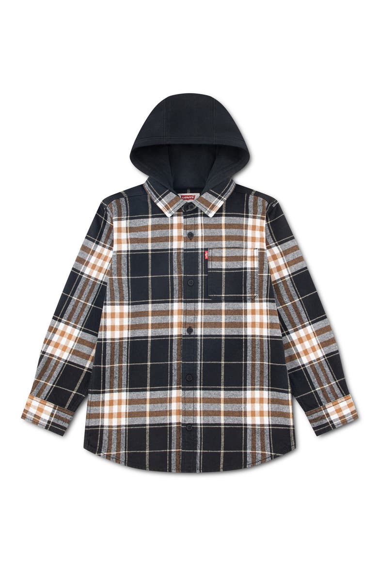 Kids' Hooded Plaid Flannel Shirt, Main, color, JET BLACK