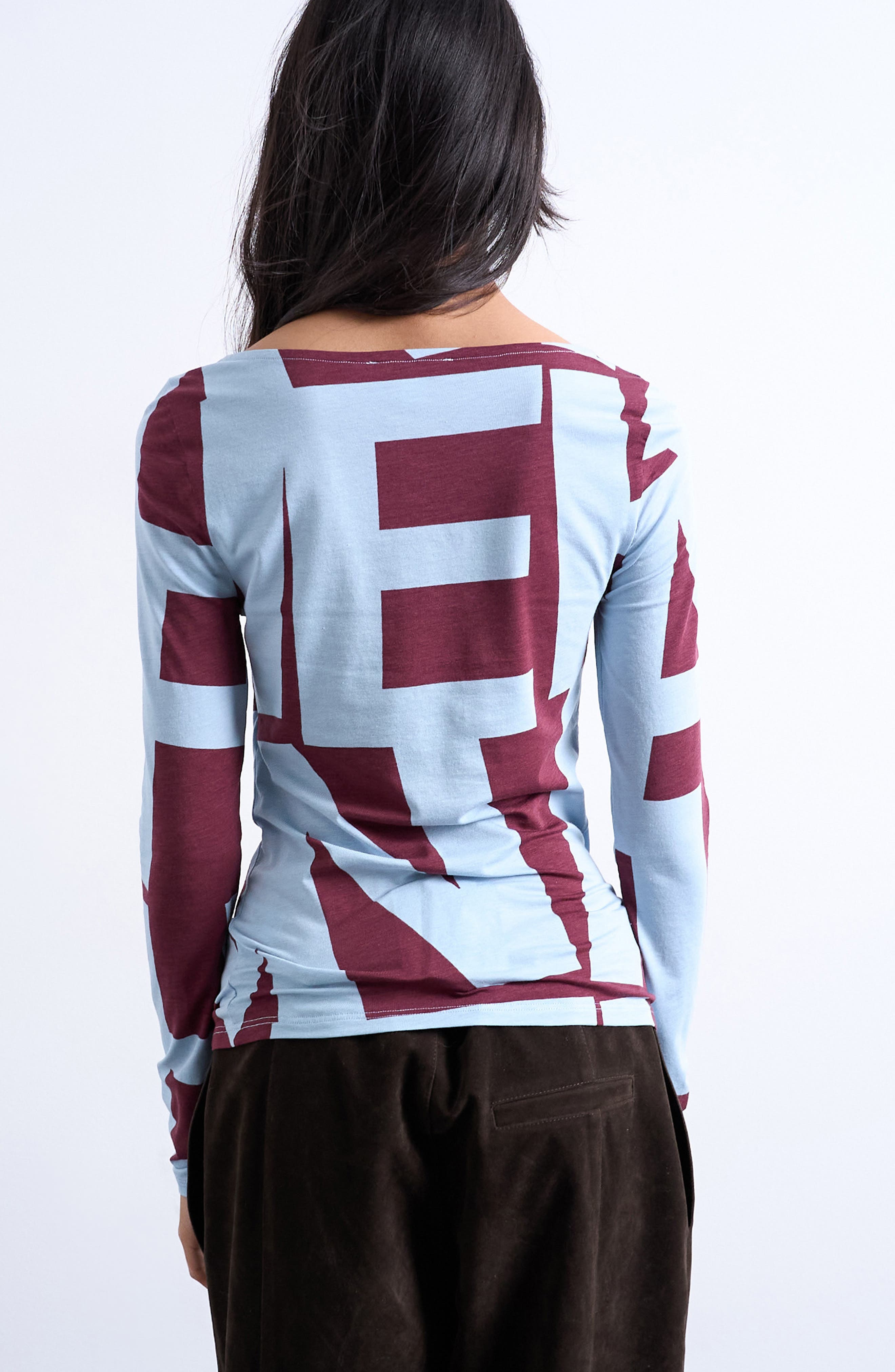 Abstract Print Long Sleeve Stretch Cotton Blend Top - image 2