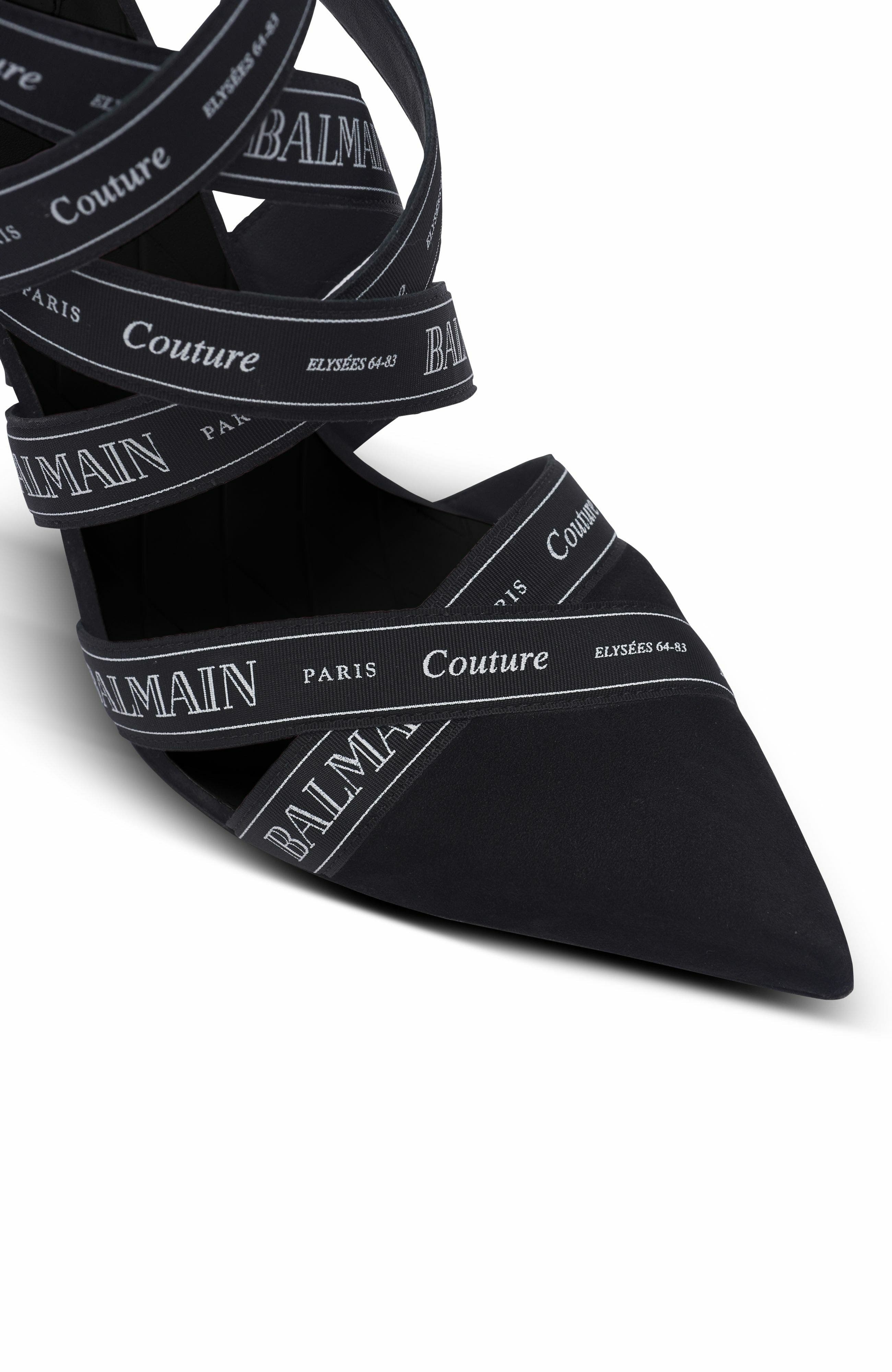 Couture Suede Heels With Balmain Ribbon Motif, Alternate, color, Black