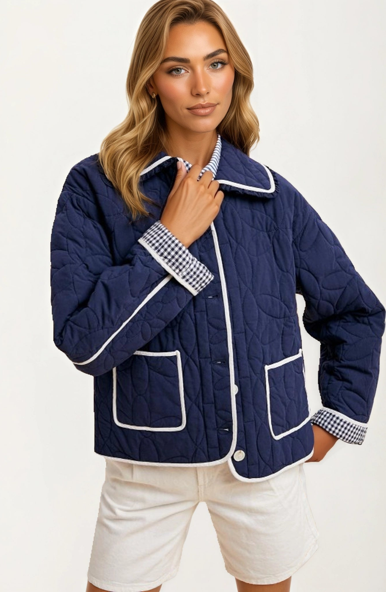 Knit and Lounge Quilted Button-Up Jacket with Contrast Trim and Pockets, Alternate, color, Navy Blue